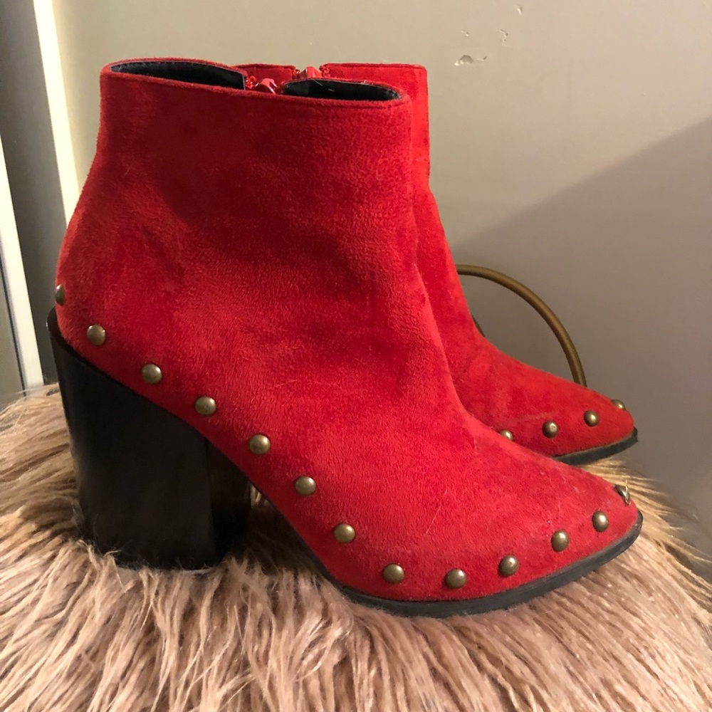 Red suede bootie with studs